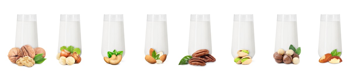 Image of Different types of nut milk in glasses isolated on white, set