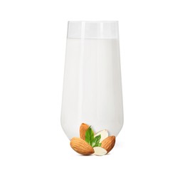 Image of Nut milk in glass and almonds isolated on white