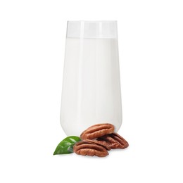 Image of Nut milk in glass and pecans isolated on white