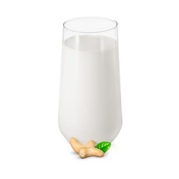 Image of Nut milk in glass and cashews isolated on white