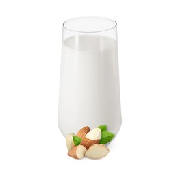 Image of Nut milk in glass and almonds isolated on white