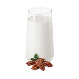 Image of Nut milk in glass and pecans isolated on white