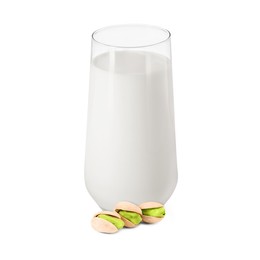 Image of Nut milk in glass and pistachios isolated on white