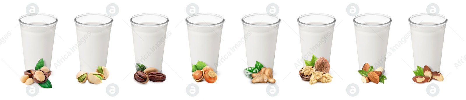 Different types of nut milk in glasses isolated on white, set Image of Different types of nut milk in glasses isolated on white, set