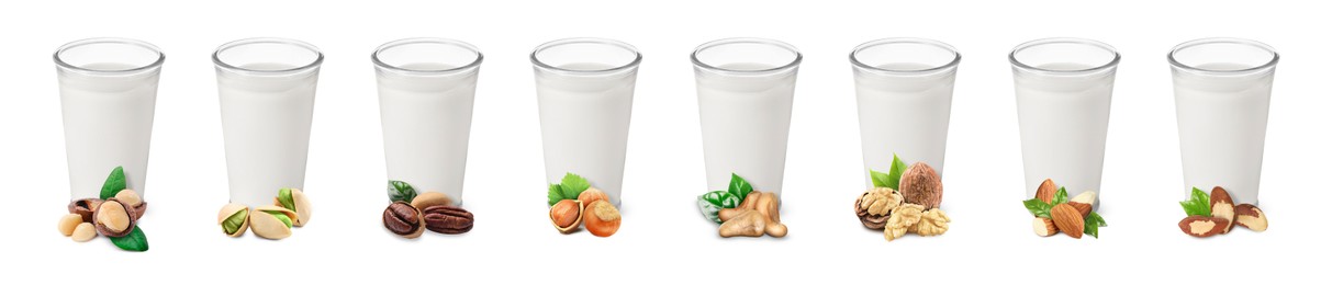 Image of Different types of nut milk in glasses isolated on white, set