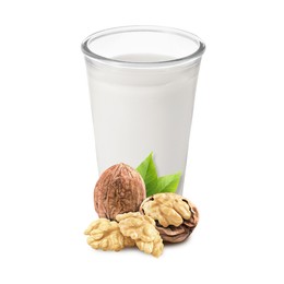 Image of Nut milk in glass and walnuts isolated on white