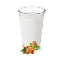Image of Nut milk in glass and almonds isolated on white