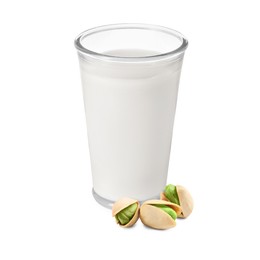 Image of Nut milk in glass and pistachios isolated on white