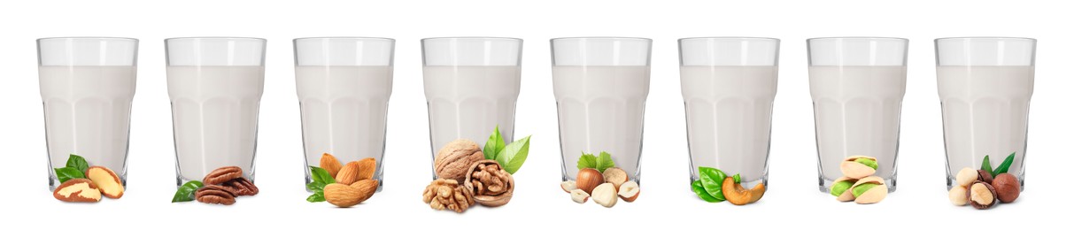 Image of Different types of nut milk in glasses isolated on white, set