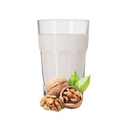 Image of Nut milk in glass and walnuts isolated on white