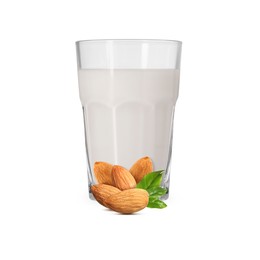 Image of Nut milk in glass and almonds isolated on white