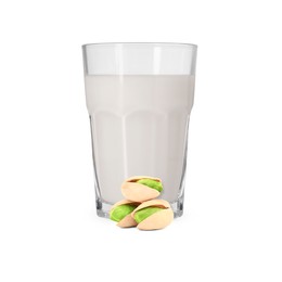 Image of Nut milk in glass and pistachios isolated on white