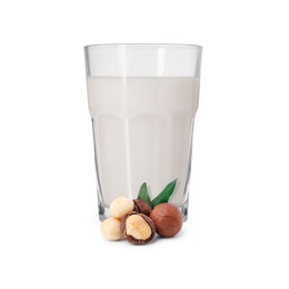 Image of Nut milk in glass and macadamias isolated on white
