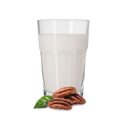 Image of Nut milk in glass and pecans isolated on white