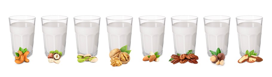 Image of Different types of nut milk in glasses isolated on white, set