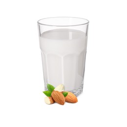 Image of Nut milk in glass and almonds isolated on white