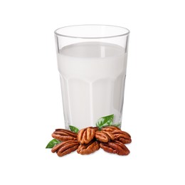 Image of Nut milk in glass and pecans isolated on white