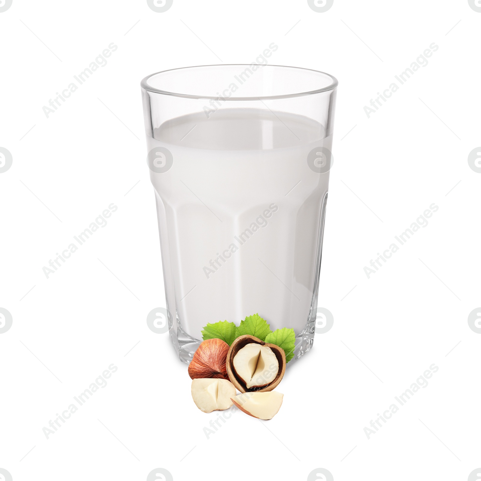 Nut milk in glass and hazelnuts isolated on white Image of Nut milk in glass and hazelnuts isolated on white