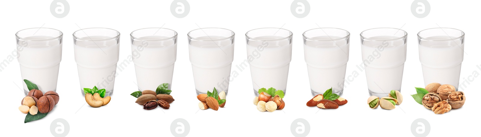 Different types of nut milk in glasses isolated on white, set Image of Different types of nut milk in glasses isolated on white, set