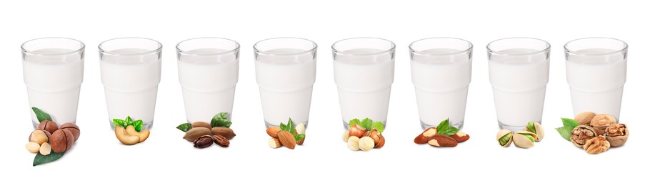 Image of Different types of nut milk in glasses isolated on white, set