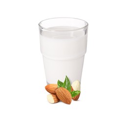 Image of Nut milk in glass and almonds isolated on white
