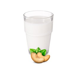 Image of Nut milk in glass and cashews isolated on white