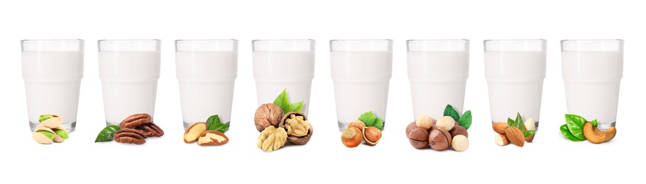 Image of Different types of nut milk in glasses isolated on white, set