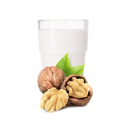 Image of Nut milk in glass and walnuts isolated on white