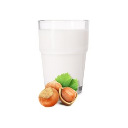 Image of Nut milk in glass and hazelnuts isolated on white