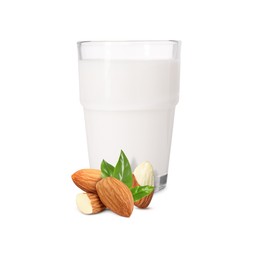 Image of Nut milk in glass and almonds isolated on white