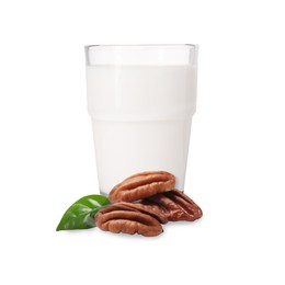 Image of Nut milk in glass and pecans isolated on white