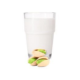 Image of Nut milk in glass and pistachios isolated on white