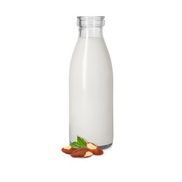 Image of Nut milk in glass bottle and Brazil nuts isolated on white