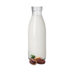 Image of Nut milk in glass bottle and pecans isolated on white