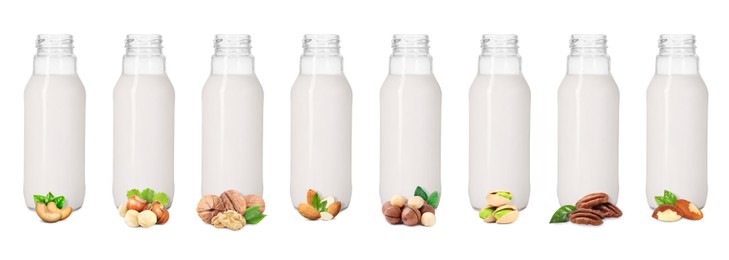 Image of Different types of nut milk in glass bottles isolated on white, set