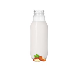 Image of Nut milk in glass bottle and Brazil nuts isolated on white