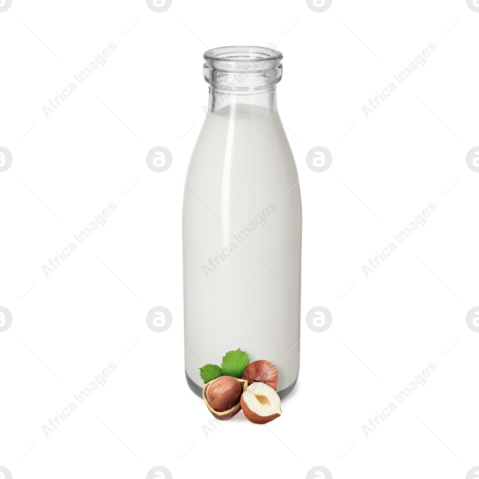 Nut milk in glass bottle and hazelnuts isolated on white Image of Nut milk in glass bottle and hazelnuts isolated on white