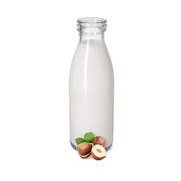 Image of Nut milk in glass bottle and hazelnuts isolated on white