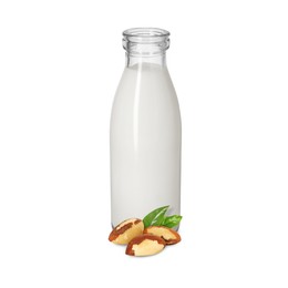 Image of Nut milk in glass bottle and Brazil nuts isolated on white