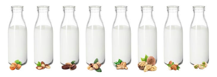 Image of Different types of nut milk in glass bottles isolated on white, set