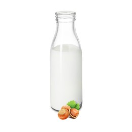 Image of Nut milk in glass bottle and hazelnuts isolated on white