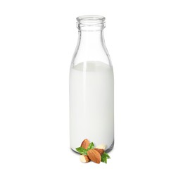 Image of Nut milk in glass bottle and almonds isolated on white