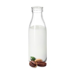 Image of Nut milk in glass bottle and pecans isolated on white