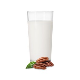 Image of Nut milk in glass and pecans isolated on white