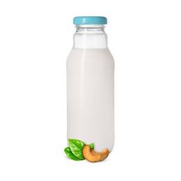 Image of Nut milk in glass bottle and cashews isolated on white