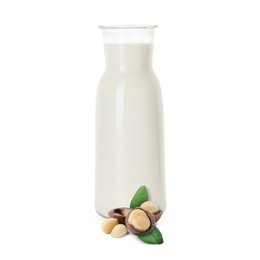 Image of Nut milk in glass bottle and macadamias isolated on white