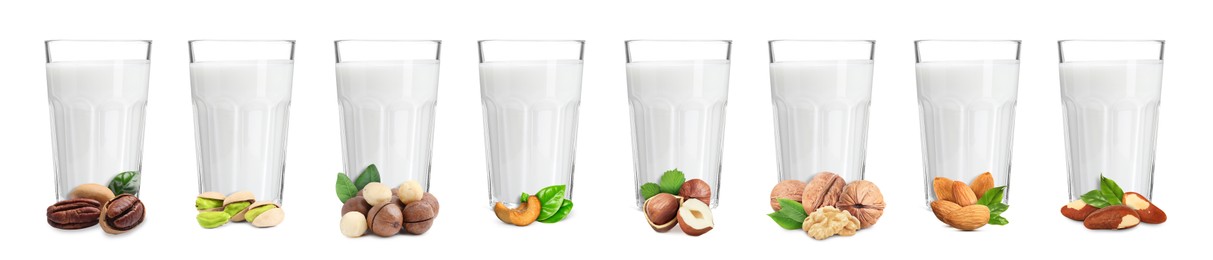 Image of Different types of nut milk in glasses isolated on white, set