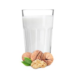Image of Nut milk in glass and walnuts isolated on white