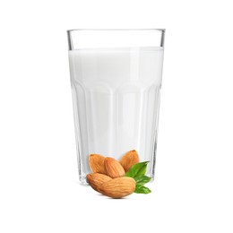 Image of Nut milk in glass and almonds isolated on white