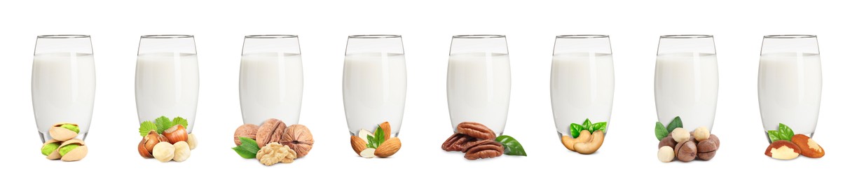 Image of Different types of nut milk in glasses isolated on white, set